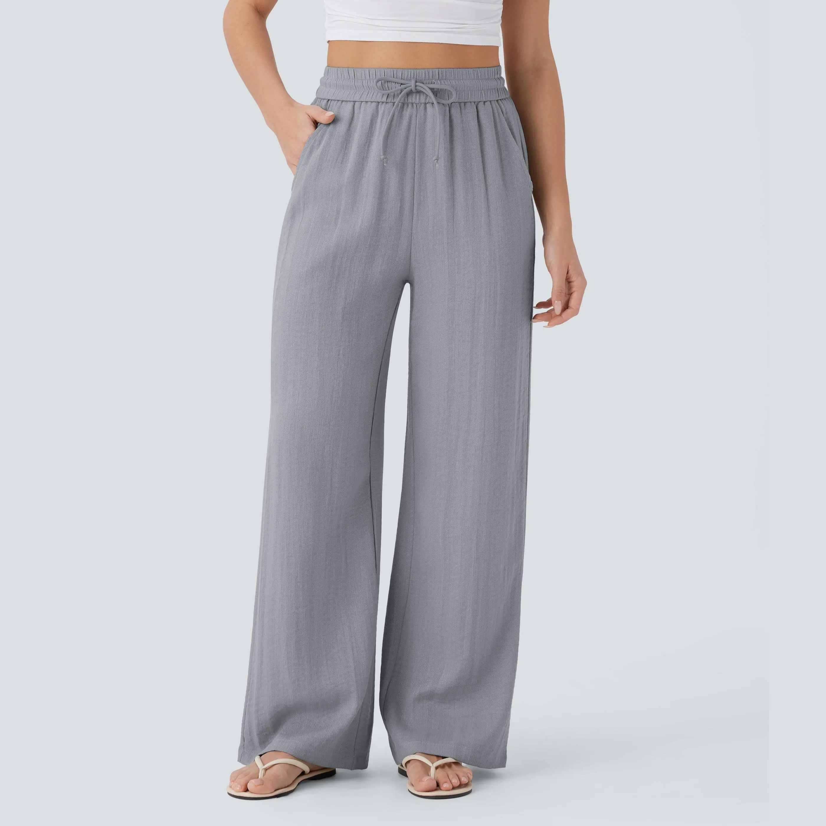 [Creator's Pick] High-Waisted, Drawstring, Pocketed, Wide-Leg Casual Trousers (Faux Linen)