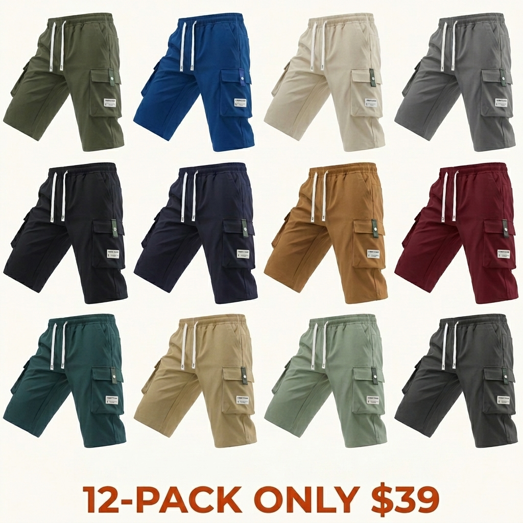 Men’s Cargo Shorts, 7/8 Length, Summer Drawstring Waist, Large Pockets
