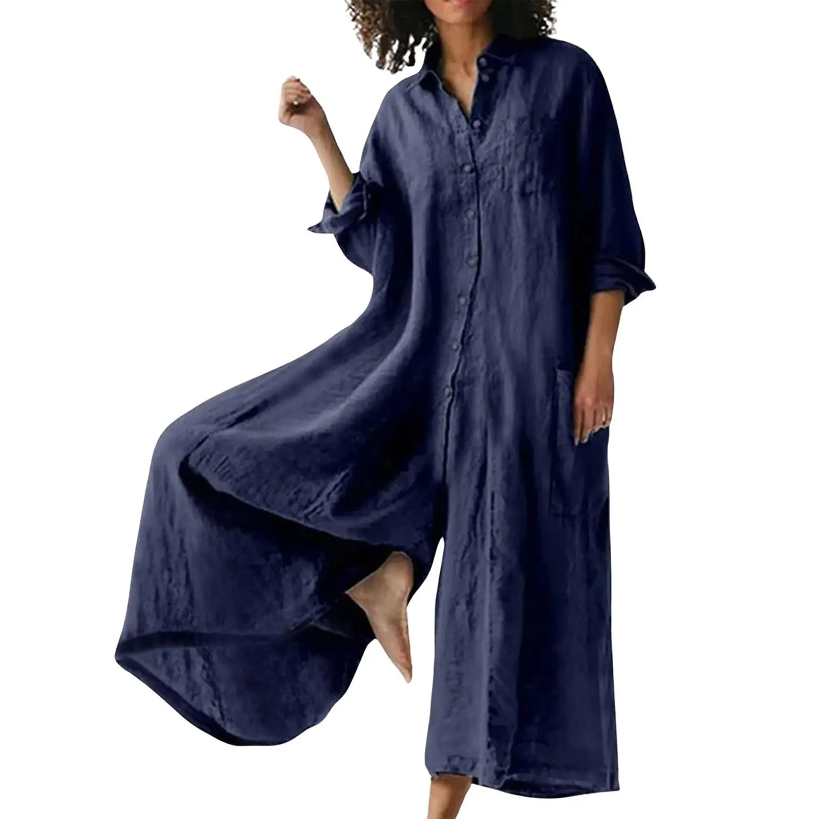Women's Linen Long-Sleeve Button-Front Wide-Leg Jumpsuit