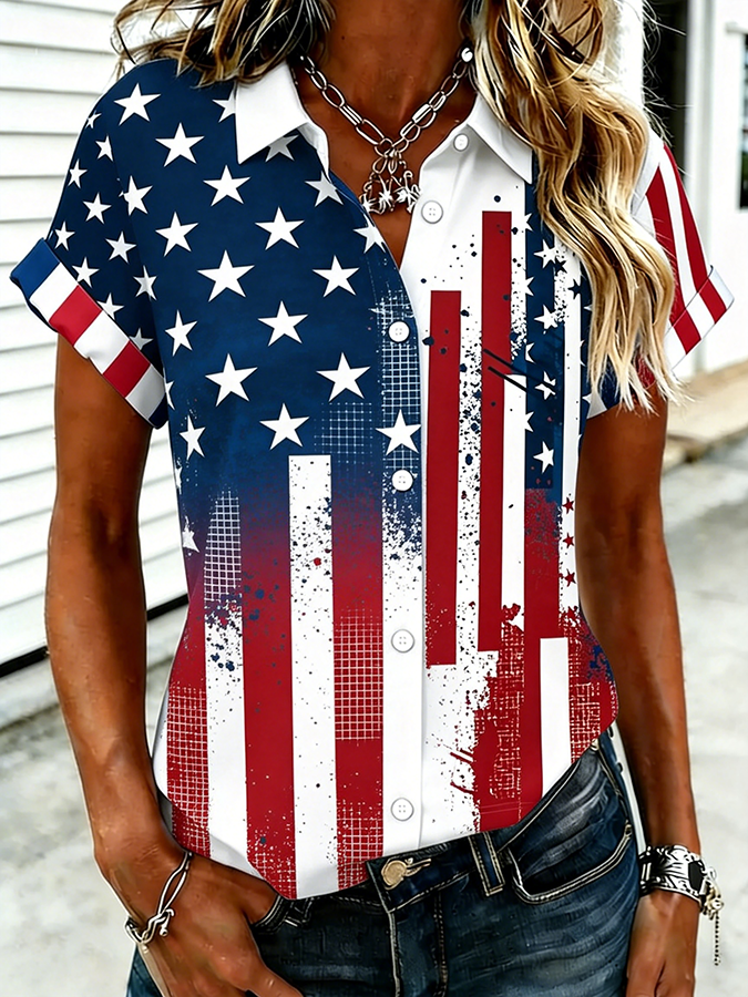 Women's Distressed American Flag Color Block Button Down Shirt