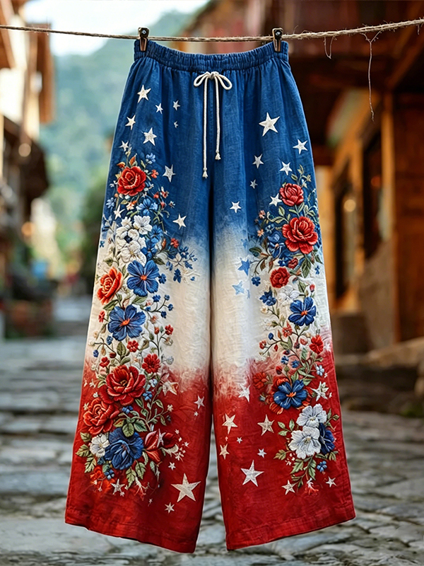 Women's Floral American Flag Color Block Print Casual Wide Leg Pants