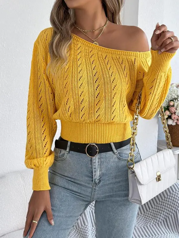 Women's Fall Asymmetrical Neck Hollow-Out Raglan Sweater