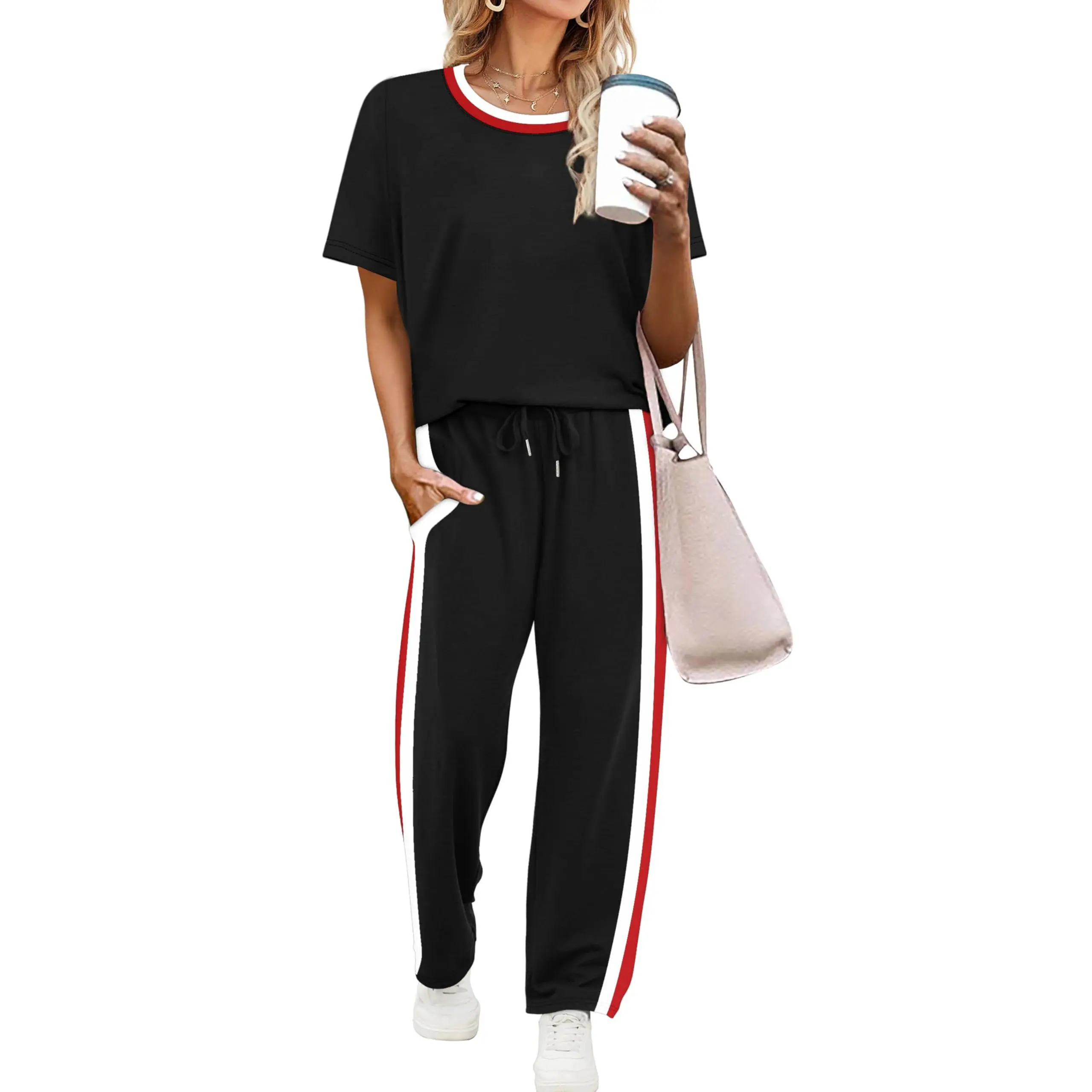 2 Piece Lounge Sets for Women Matching Set Summer Outfits Short Sleeve Tops Wide Leg Pants with Pockets