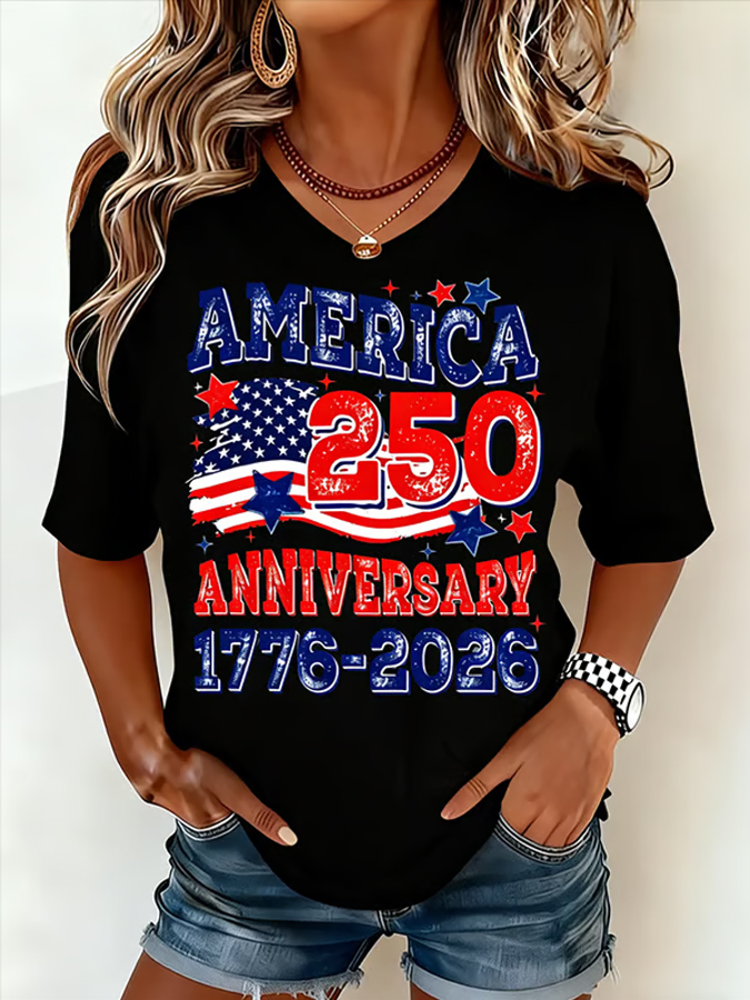 Women'S V-Neck Letter Printed T-Shirt