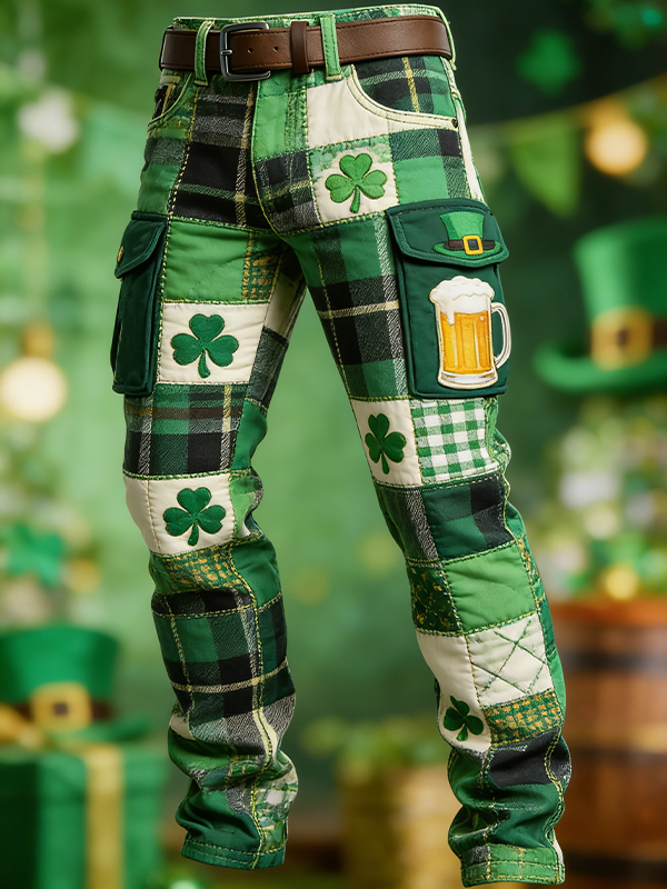 Men's St. Patrick's Day Shamrock And Beer Plaid Art Print Casual Pants