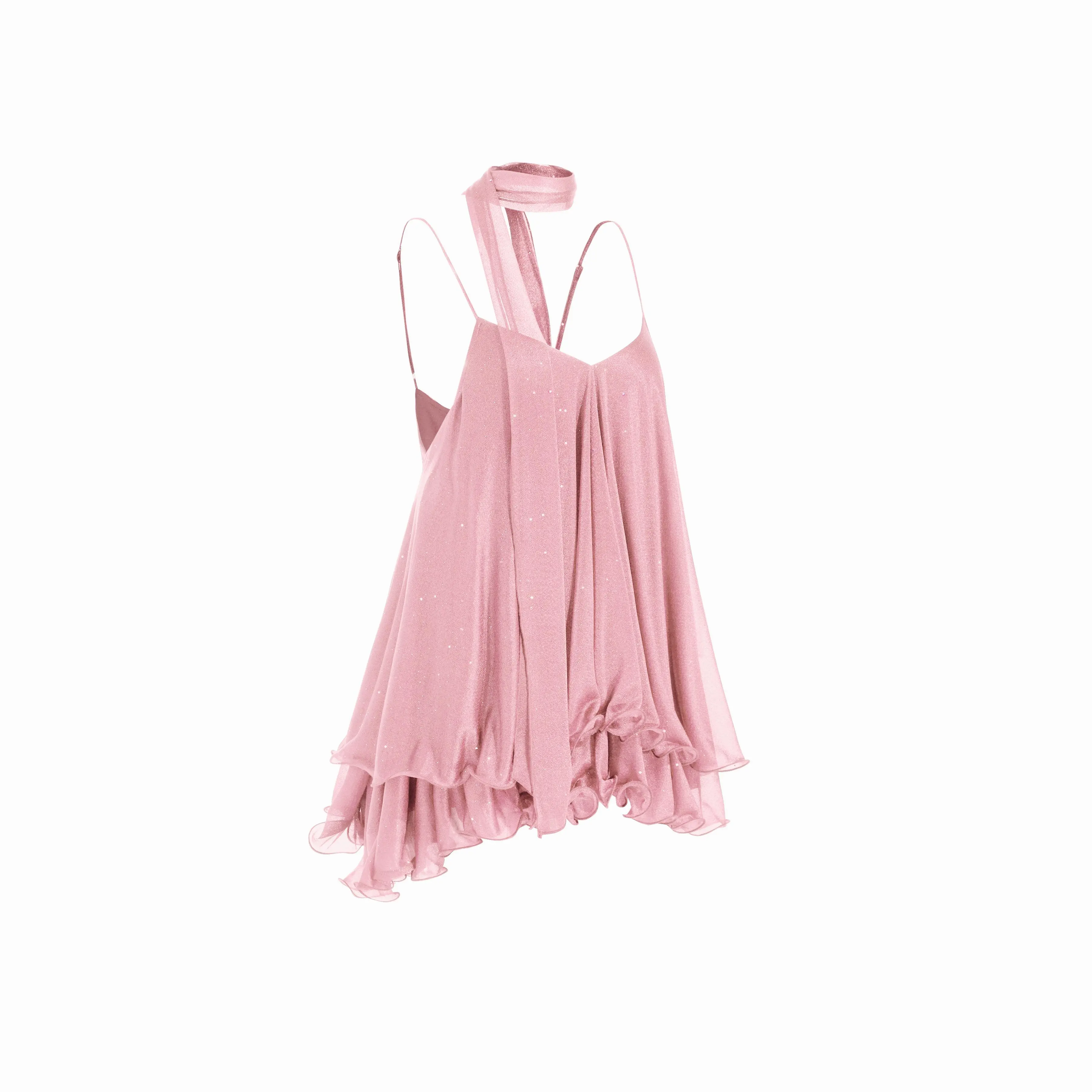 Women's Sequin V-Neck Halter Mini Dress – Ruffled Hem with Scarf