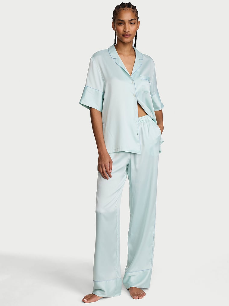 Signature Satin Short-Sleeve Long Pajama Set  Yacht Blue