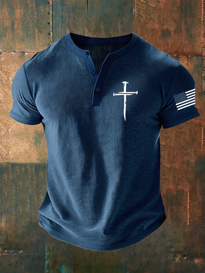 Women's Faith Cross American Flag Printed Waffle Top