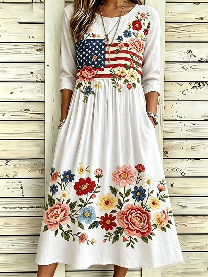 Women'S Flag Floral Printed Casual Dress