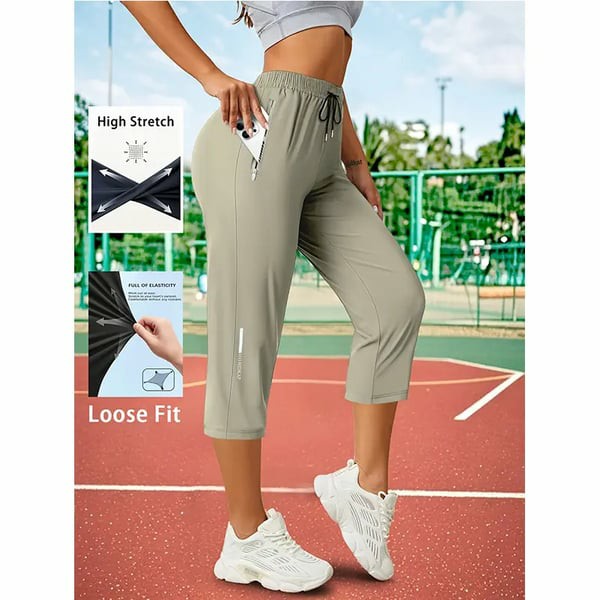 Women’s Capri Pants – Loose Fit, Summer Drawstring Waist, Zipper Pockets