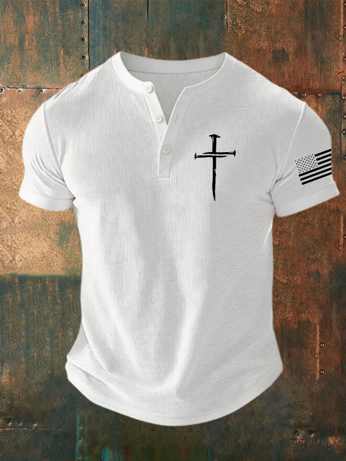 Women's Faith Cross American Flag Printed Waffle Top