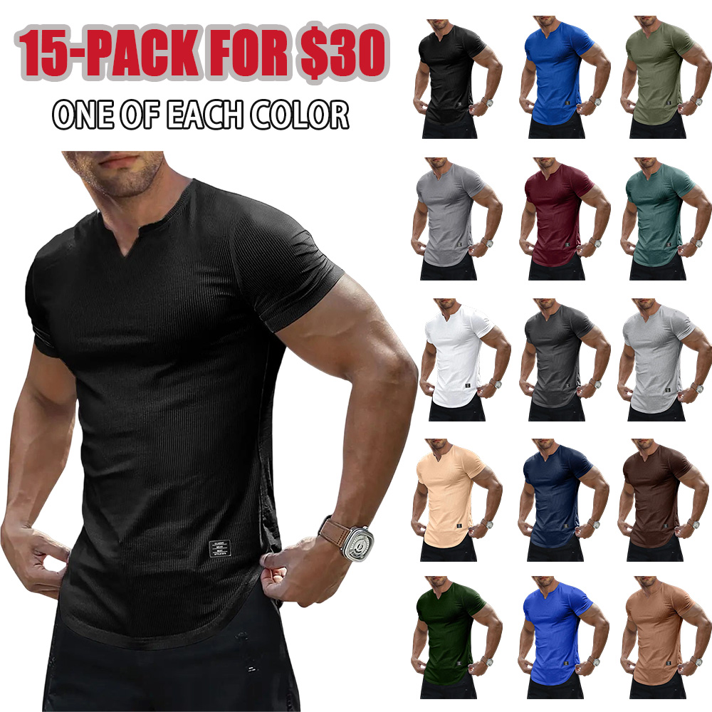 🔥Men's Plain Muscle Slim Fitted T Shirt Polyester V-Neck Longline Shirt