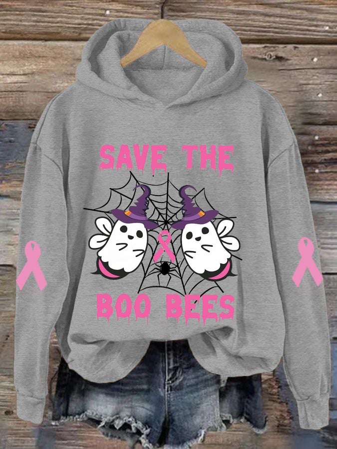 Women's Pink Halloween Ghost Save The Boo Bees Breast Cancer Awareness Warrior Hoodie