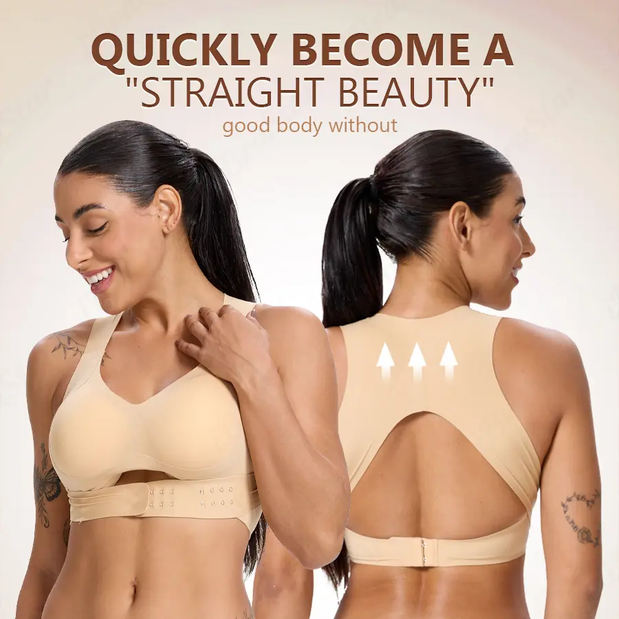 【Postural correction】Women’s Beige Wireless Bra, Soft Breathable Non-removable Moulded Cups, Yoga Fitness Sportswear for Gym & Daily Training