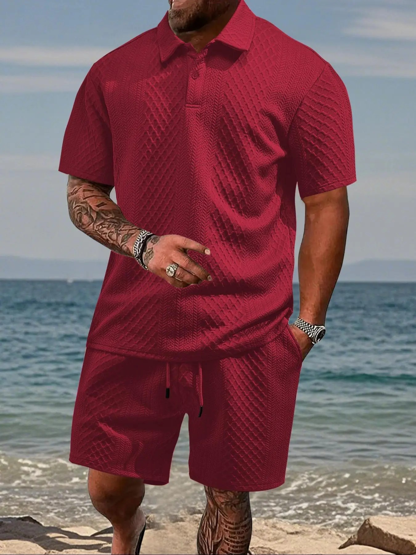 Men’s Polo Shirt & Drawstring Shorts Set – Breathable Casual 2-Piece Outfit