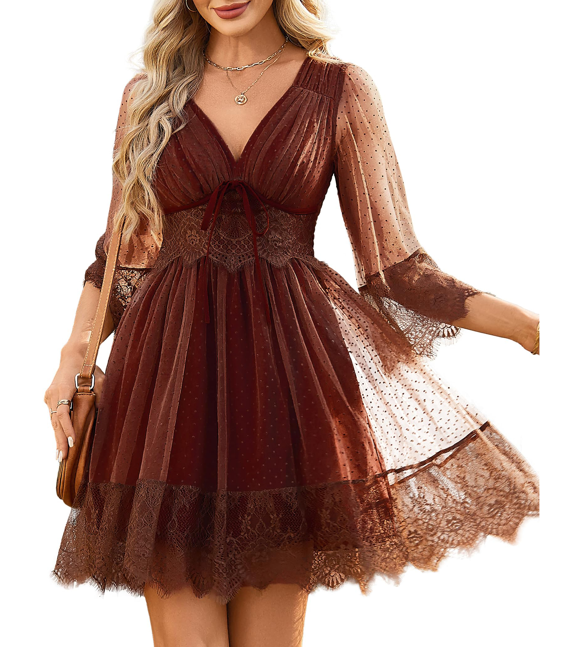 Boho Lace Deep V Bow Tie Mini Dress