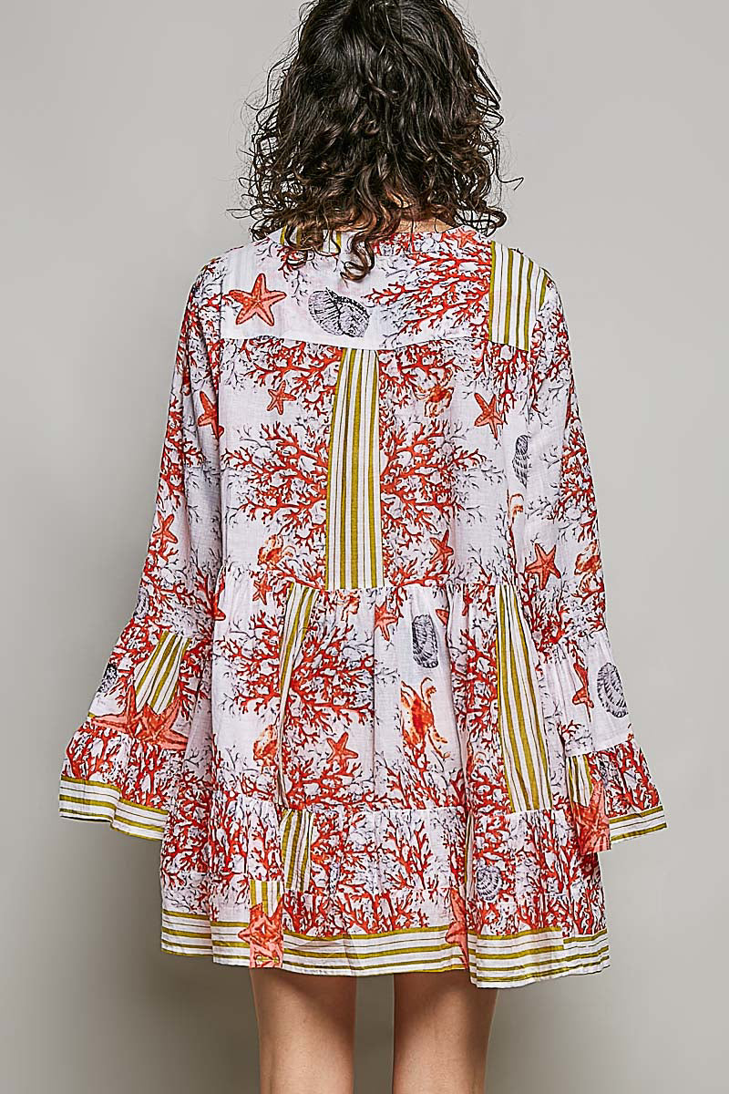 Pintuck Detail Striped Floral Long Sleeve Mini Dress