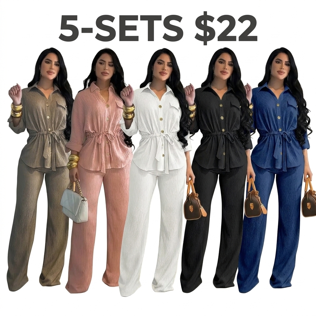 Women's 2 Piece Outfit Vintage Textured Drawstring Waist Turn-down Collar Button Down Top & Elastic Waist Wide Leg Pants Set