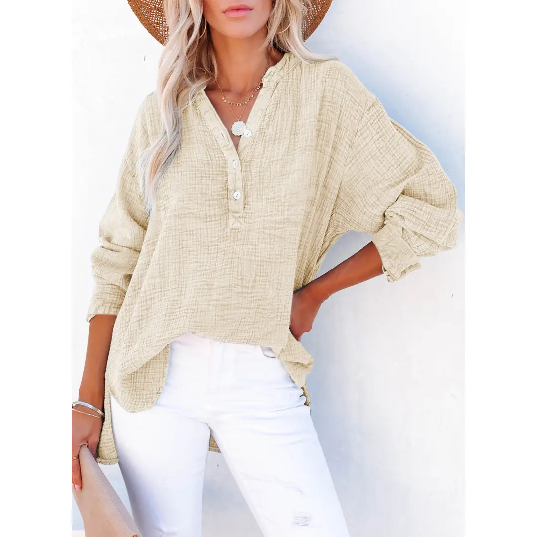 Dokotoo Women's Casual Button V Neck Long Sleeve Shirts Oversized Solid Blouses Tops 100% Cotton Boyfriend Style Loose Fit