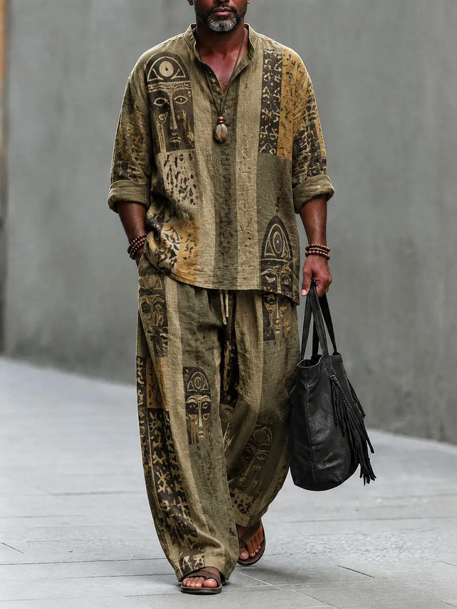 Men’s Vintage African Totem Casual Set – Brown & Green Ethnic Print Shirt & Wide-Leg Pants Two-Piece Outfit