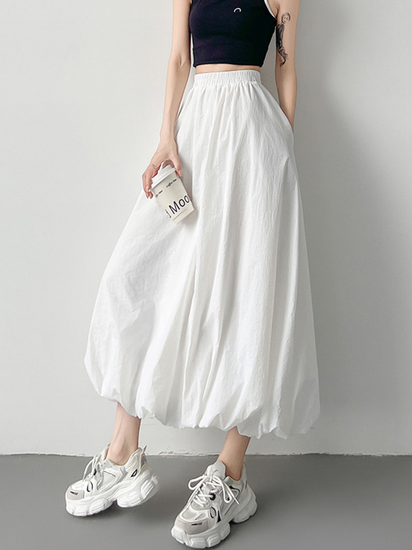 Elasticity Pleated Pockets Solid Color A-Line Loose Skirts Bottoms