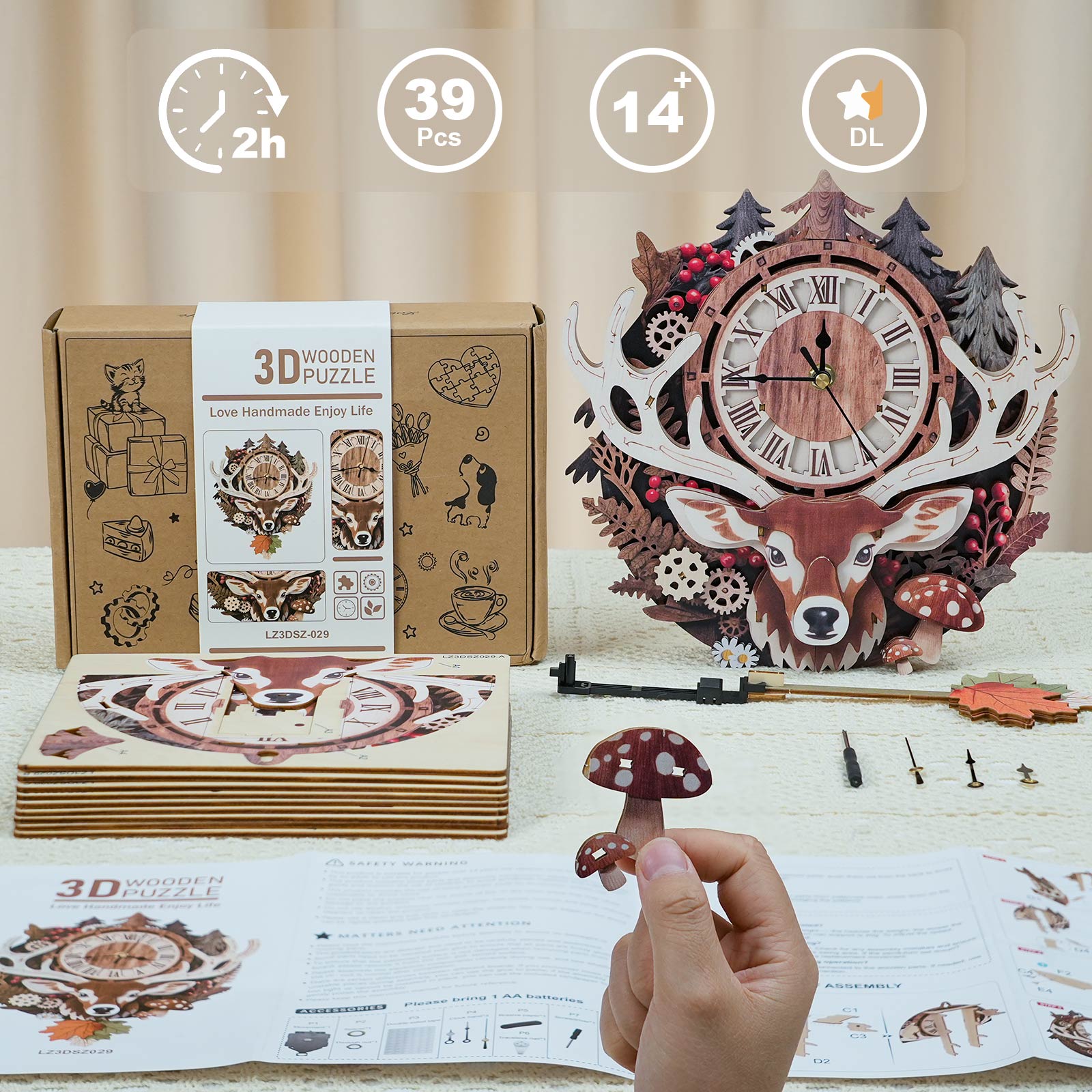 ReindeerDIY Wooden Clock, 3D Puzzle Craft Kit