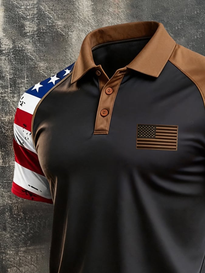 Men's Retro Patriotic Color-Block Short-Sleeve Polo Shirt