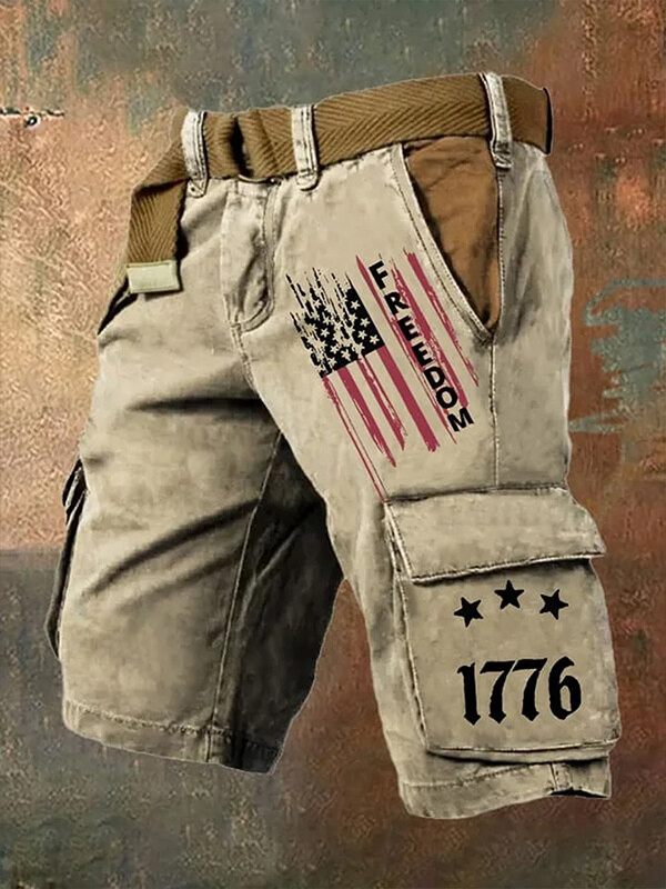 Men's American Flag Freedom Print Denim-Like Cargo Shorts