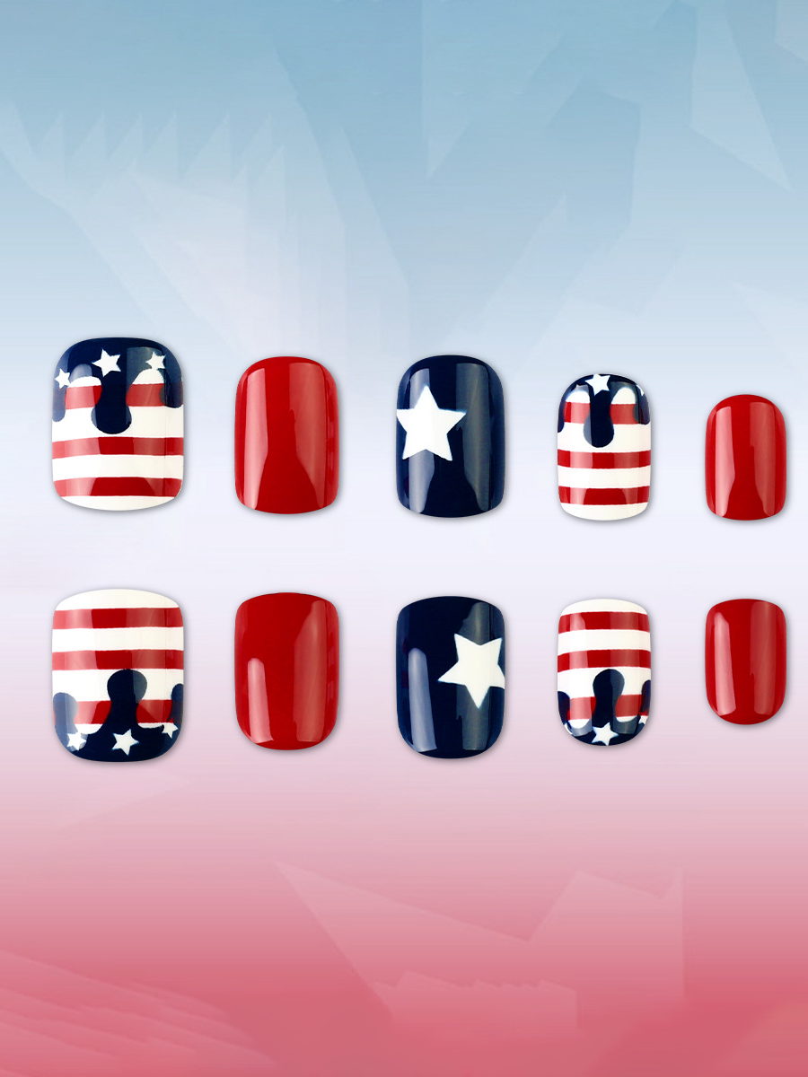 Red, White And Blue Star-shaped Pattern False Nails
