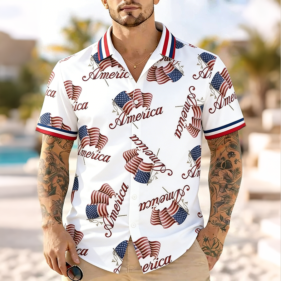 Men'S Casual American Flag Art Print Hawaiian Shirt