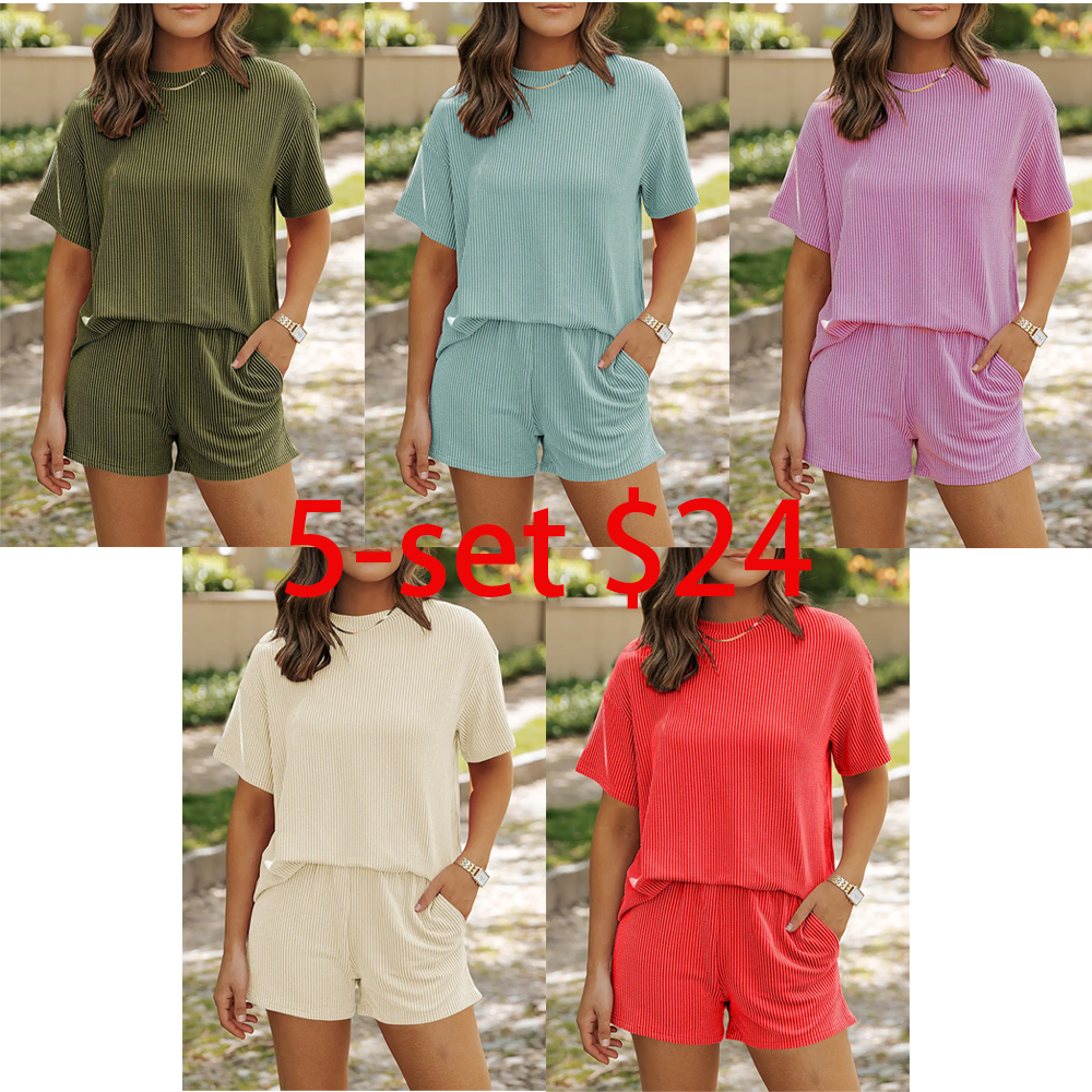 Women's 2-Piece Short Sleeve Twisted Thread Shirt & Shorts Set – Ribbed Textured Lounge Pajamas with Pockets