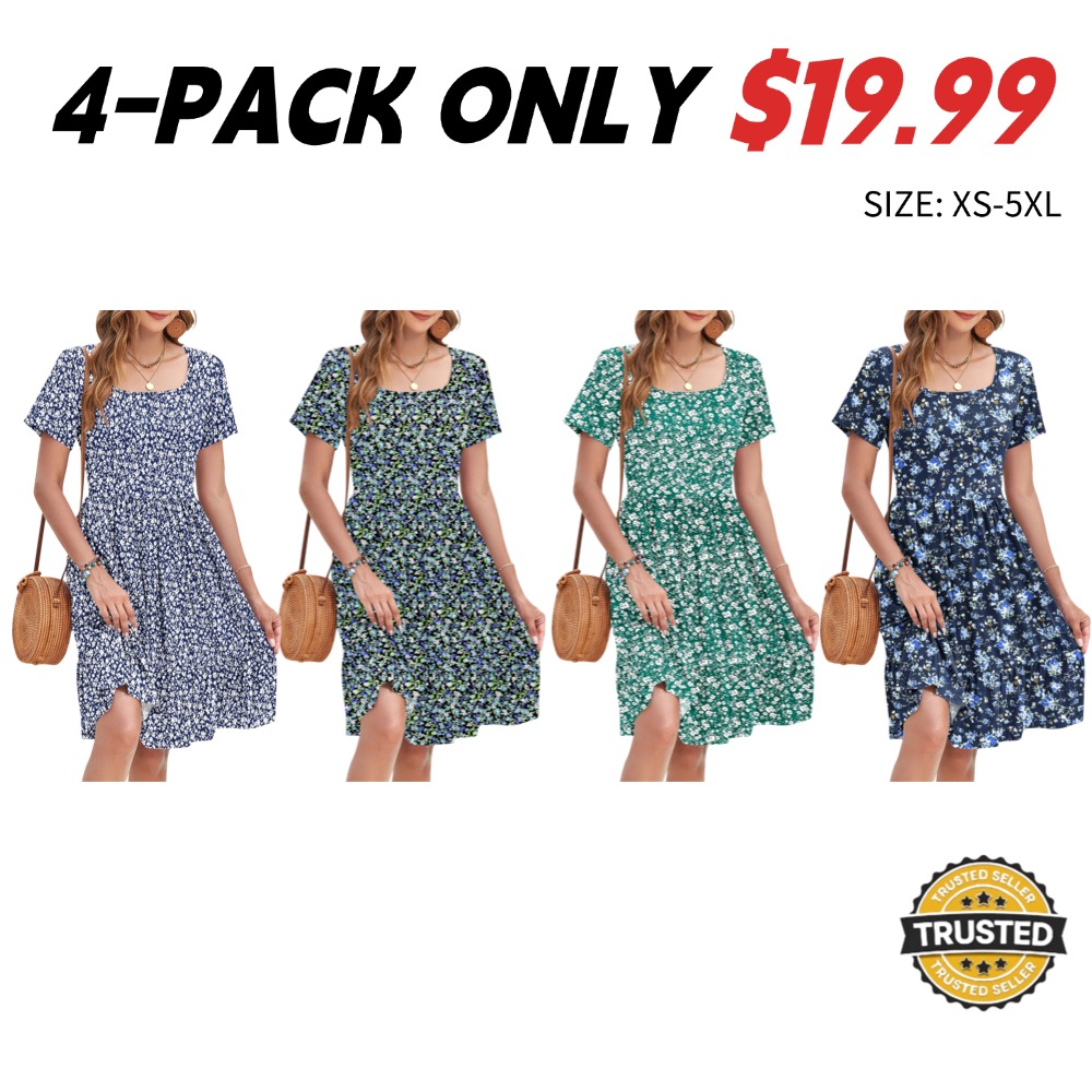 Women's Square-Neck Floral Short-Sleeve Dress (with Pockets)