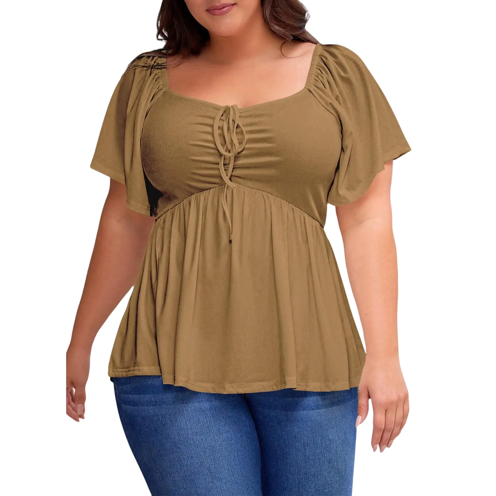 Women Plus Size Sweetheart Neck Short Sleeve Shirred Peplum Rib Blouse Tops Shirts