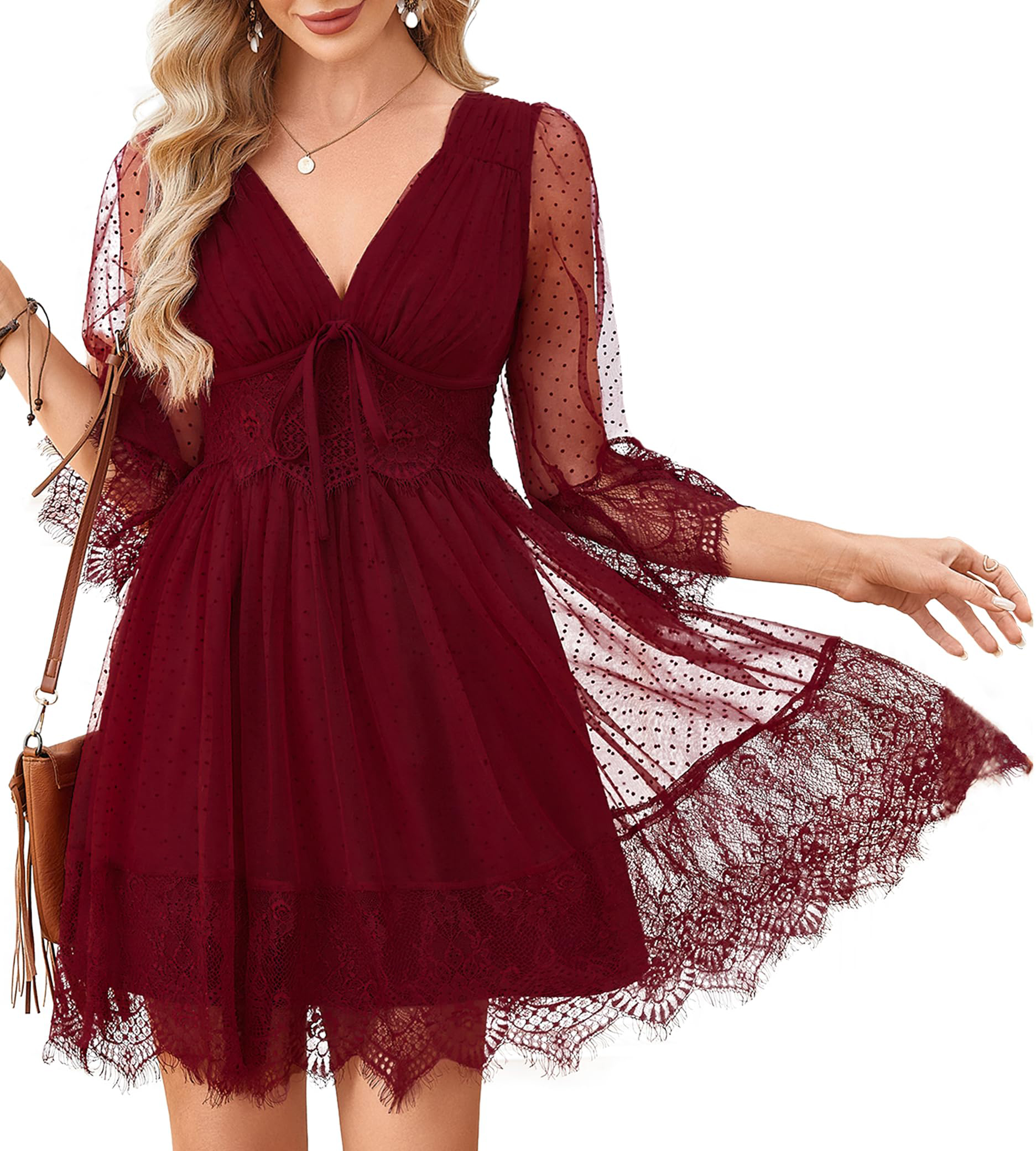Boho Lace Deep V Bow Tie Mini Dress