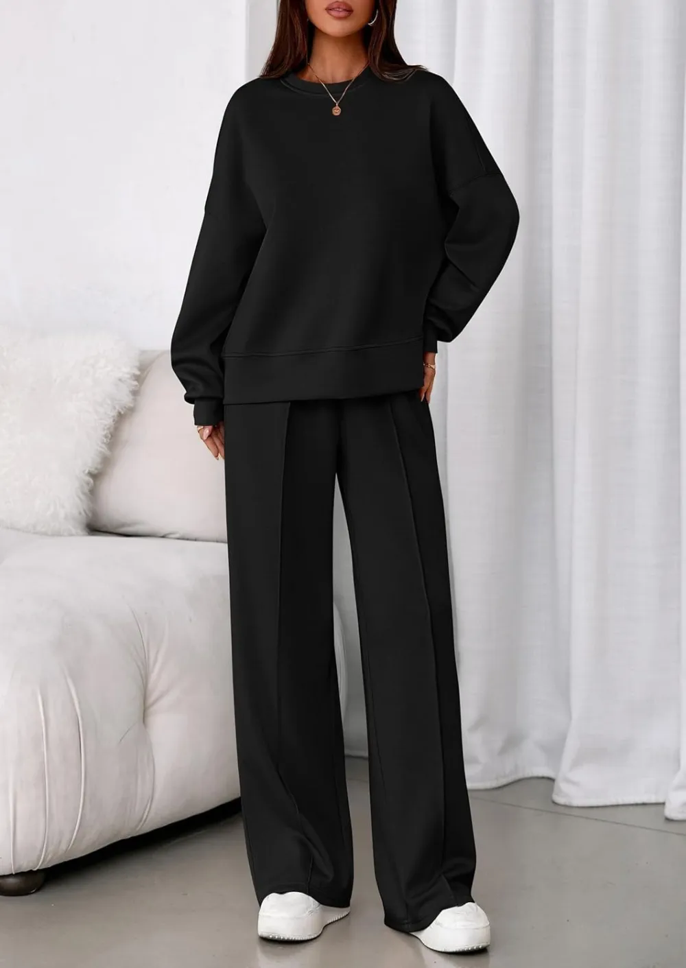2 Piece Sets For Women Fall Trendy Long Sleeve Sweatshirt Wide Leg Pants Loungewear
