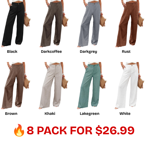 Womens Cotton Linen Pants Casual Button Up High Waisted Wide Leg Trousers