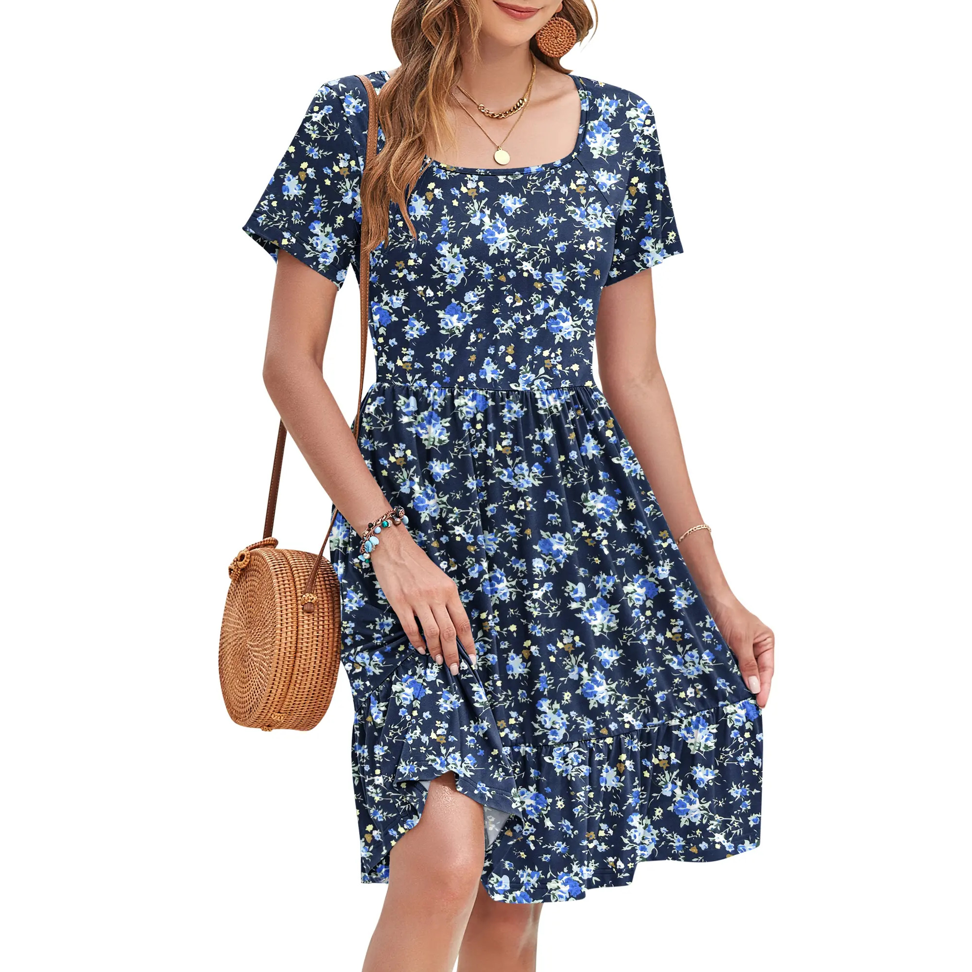 Women's Square-Neck Floral Short-Sleeve Dress (with Pockets)
