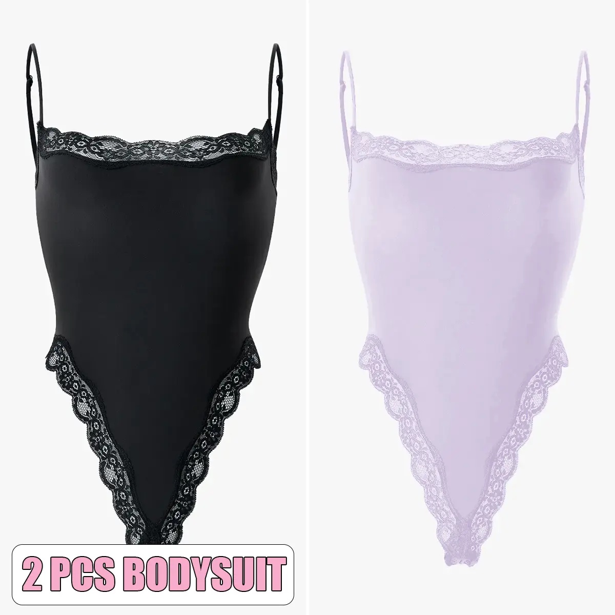 KatchMe Lace Series Women's Simple Style Spaghetti Strap Lace Trim Breathable Bodysuit