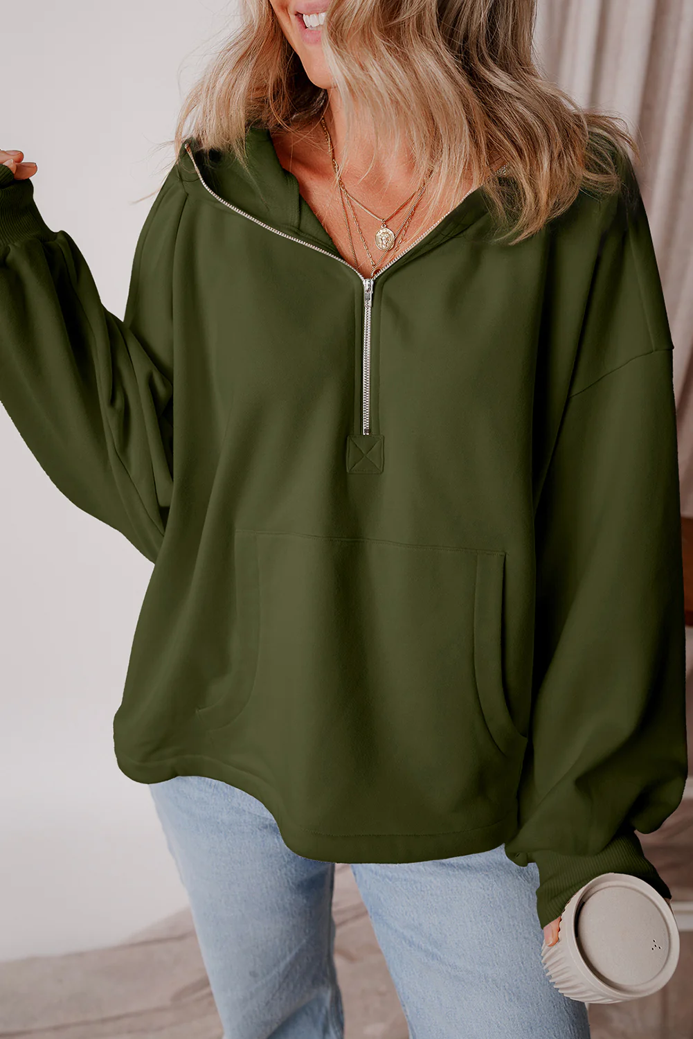Light Grey Fleece Lined Half Zipper Kangaroo Pockets Loose Hoodie