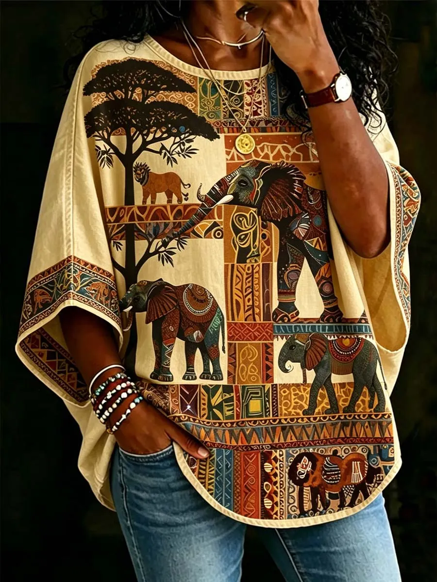 African Women's Tribal Elephant Savannah Art Print T-Shirt
