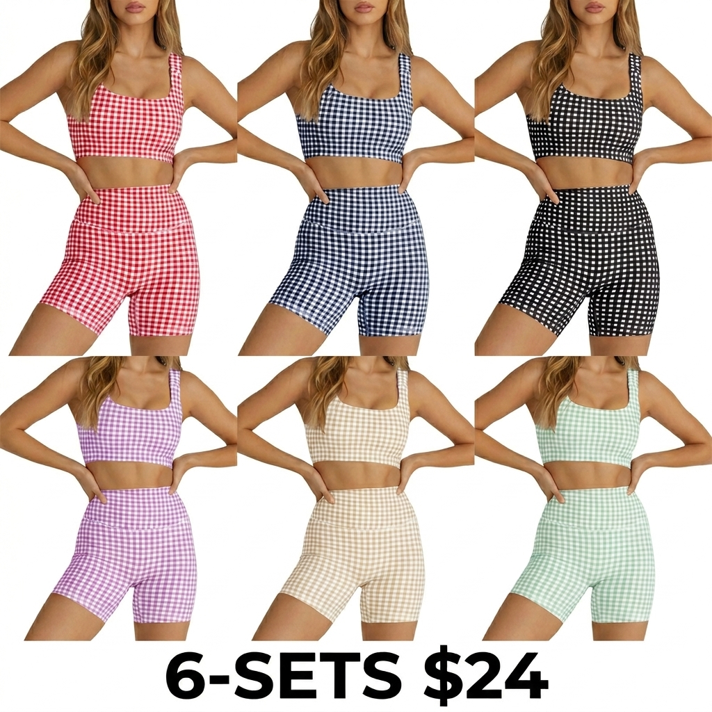 Women's 2-Piece Athleisure Set – Padded Open Back Gingham Crop Tank & High Waisted Seamless Shorts