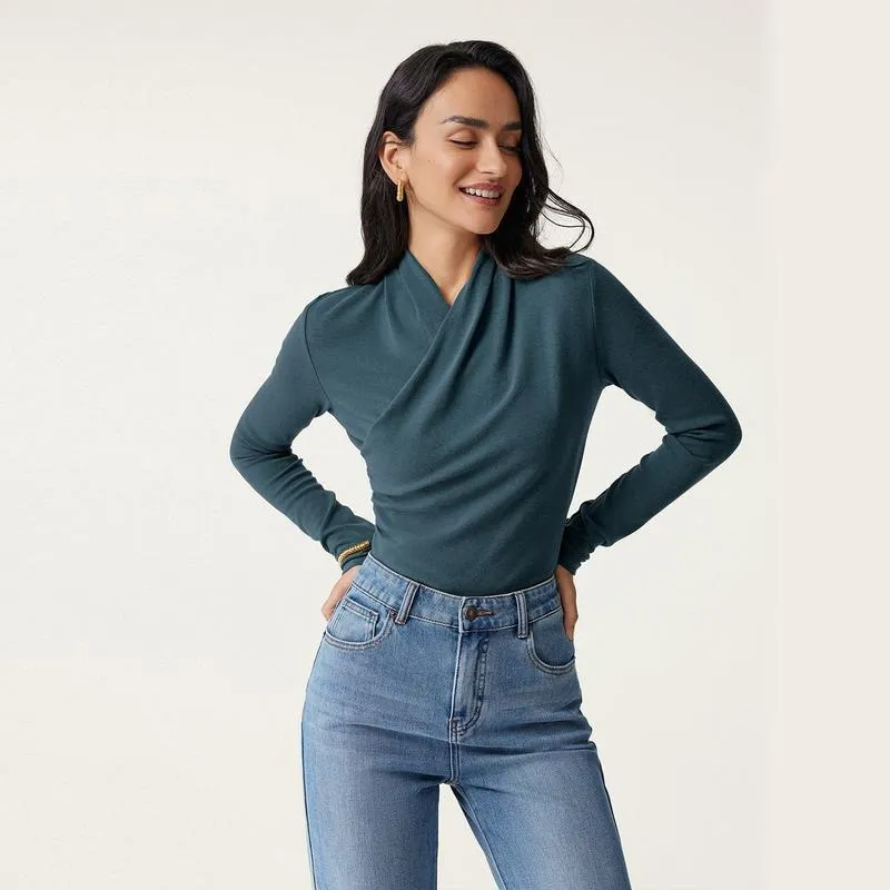 Women's cross-neck long-sleeved top