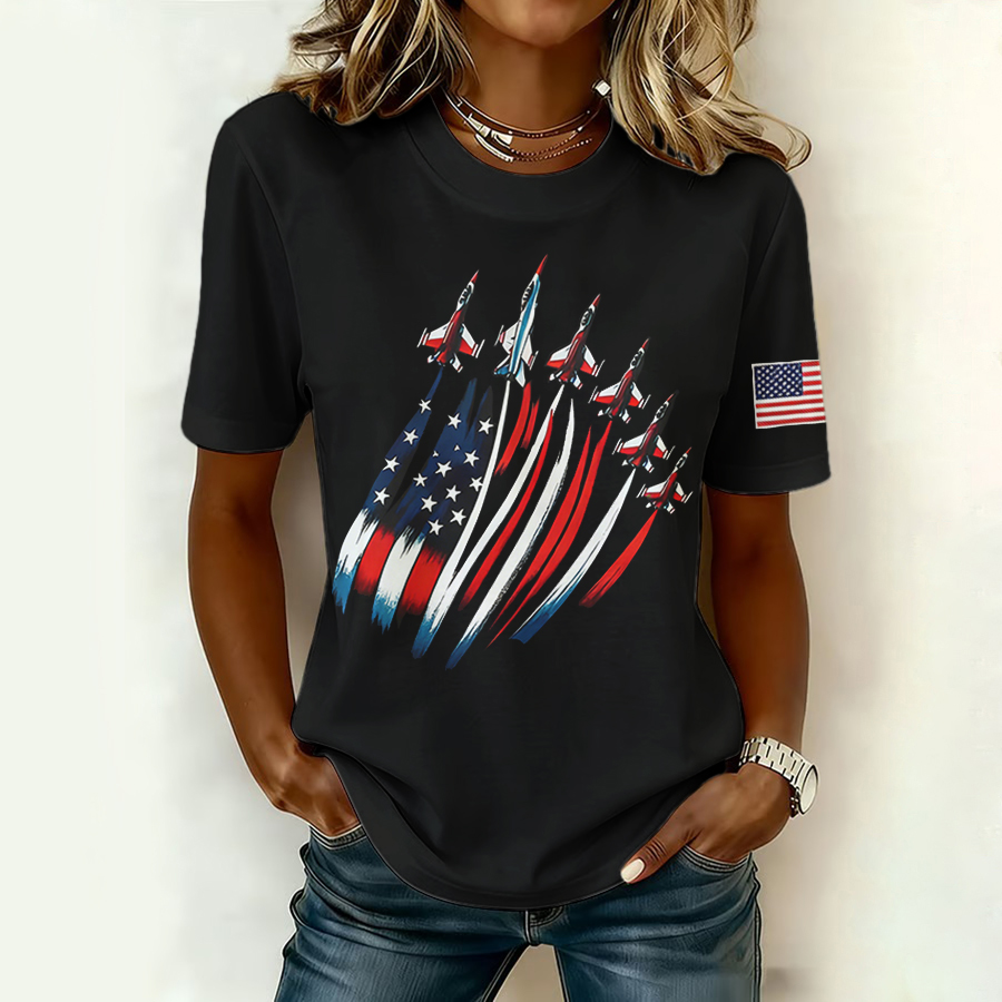 Women'S Retro American Independence Day Commemorative Printed Round Neck T-Shirt