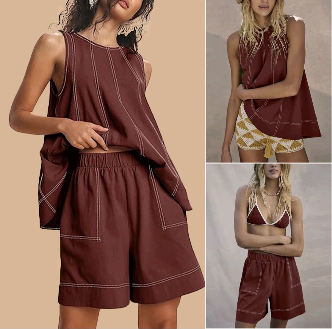 SCUSTY Women's 2-Piece Sleeveless Outfits SetA-Line Tank Tops Paired with High-Waist Shortswith Pockets