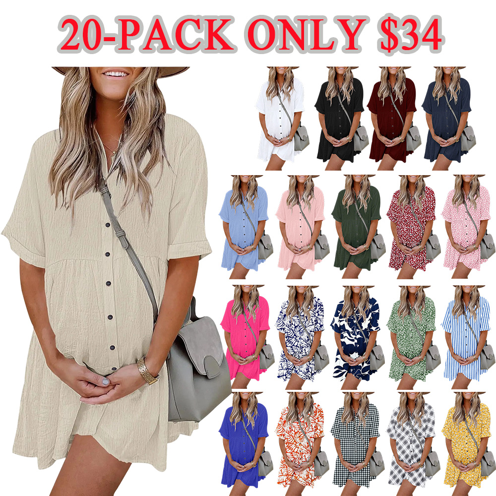 Babydoll Dress for Women Short Sleeve Button Down Textured Non-clingy Loose Fit Flowy Mini Dress with Pockets