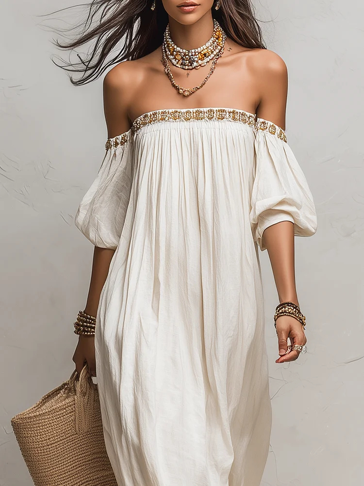 Bohemian Style Off-the-shoulder Pleated Ivory Long Dress