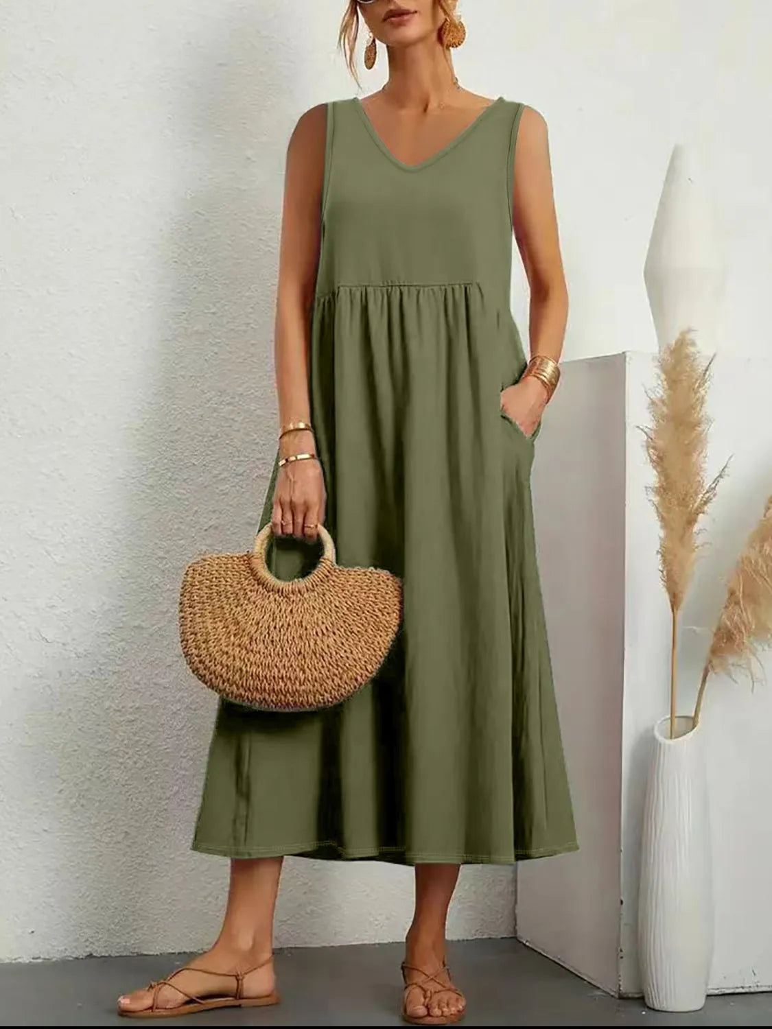 Full Size Pocketed V-Neck Sleeveless Midi Dress Plus Size
