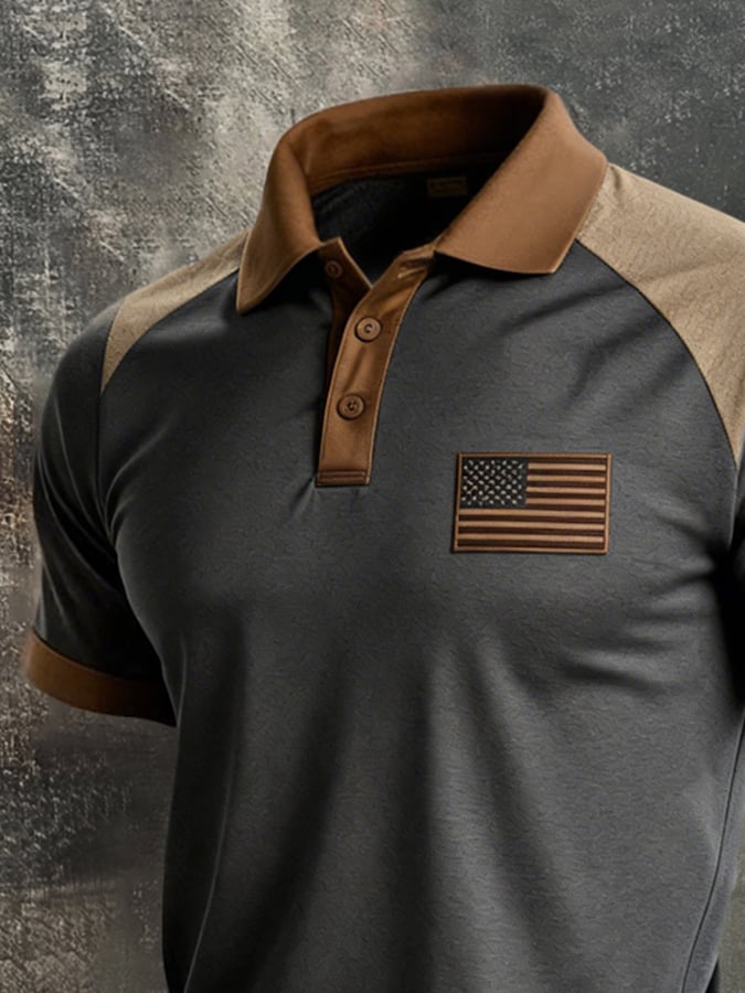 Men's Retro Patriot Color Block Polo Collar Short Sleeve