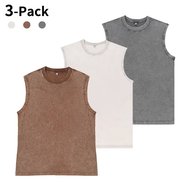 3-Pack Vintage Acid Wash Tank Tops, Heavyweight Cotton Unisex Sleeveless Shirts
