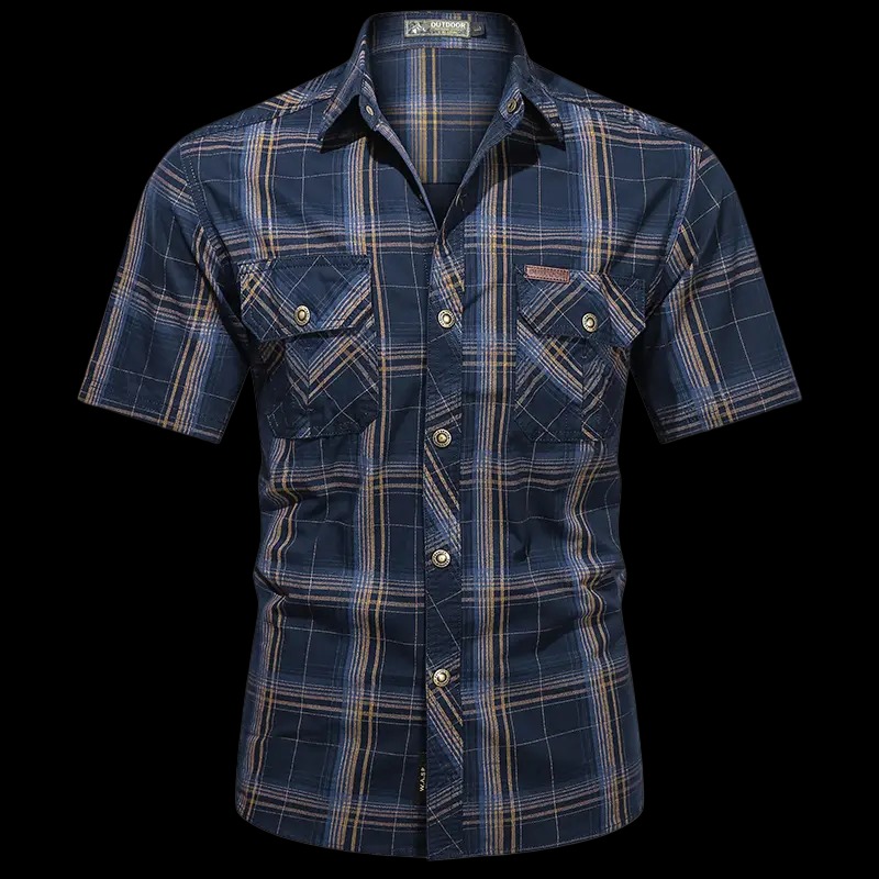 Men’s summer 100% cotton plaid short-sleeve shirt, breathable skin-friendly fabric